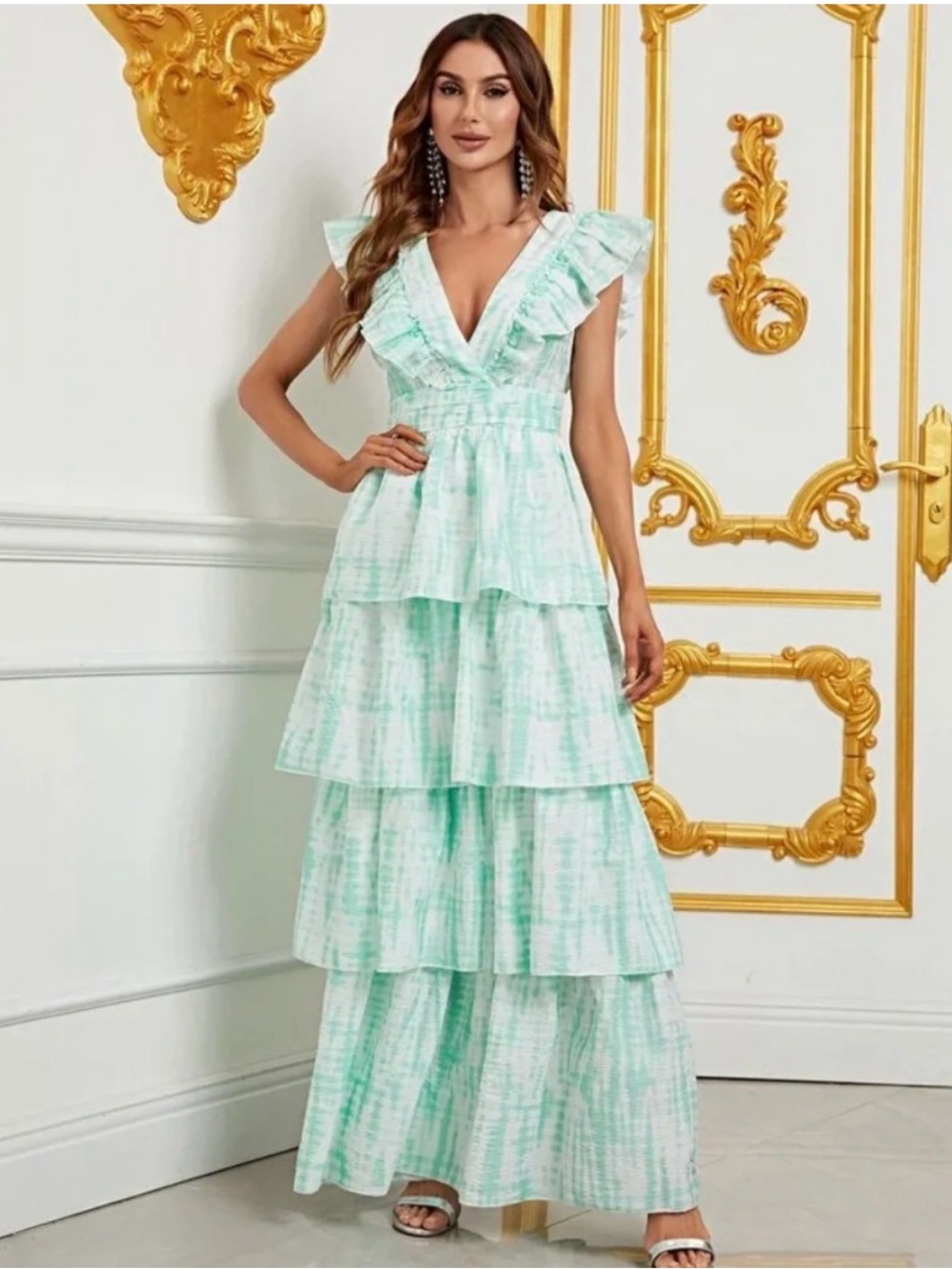 Faeriesty Mint and White Tiered V-Neck Maxi Dress with Ruffled Sleeves